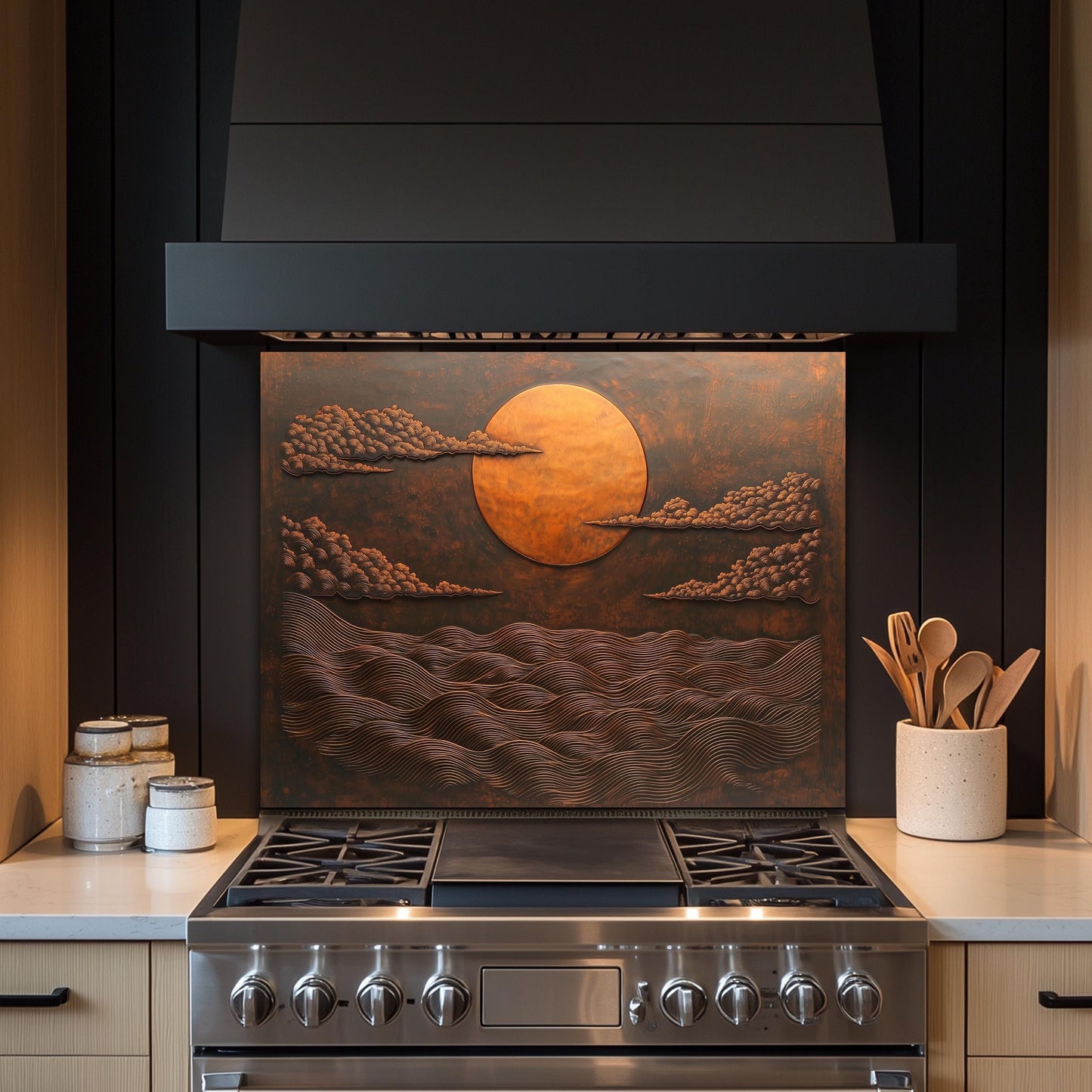 Copper Sunset Ocean Glass Backsplash, Rustic Beach Stove Guard, Heat Resistant Easy Clean Art