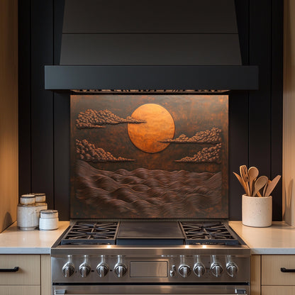 Copper Sunset Ocean Glass Backsplash, Rustic Beach Stove Guard, Heat Resistant Easy Clean Art