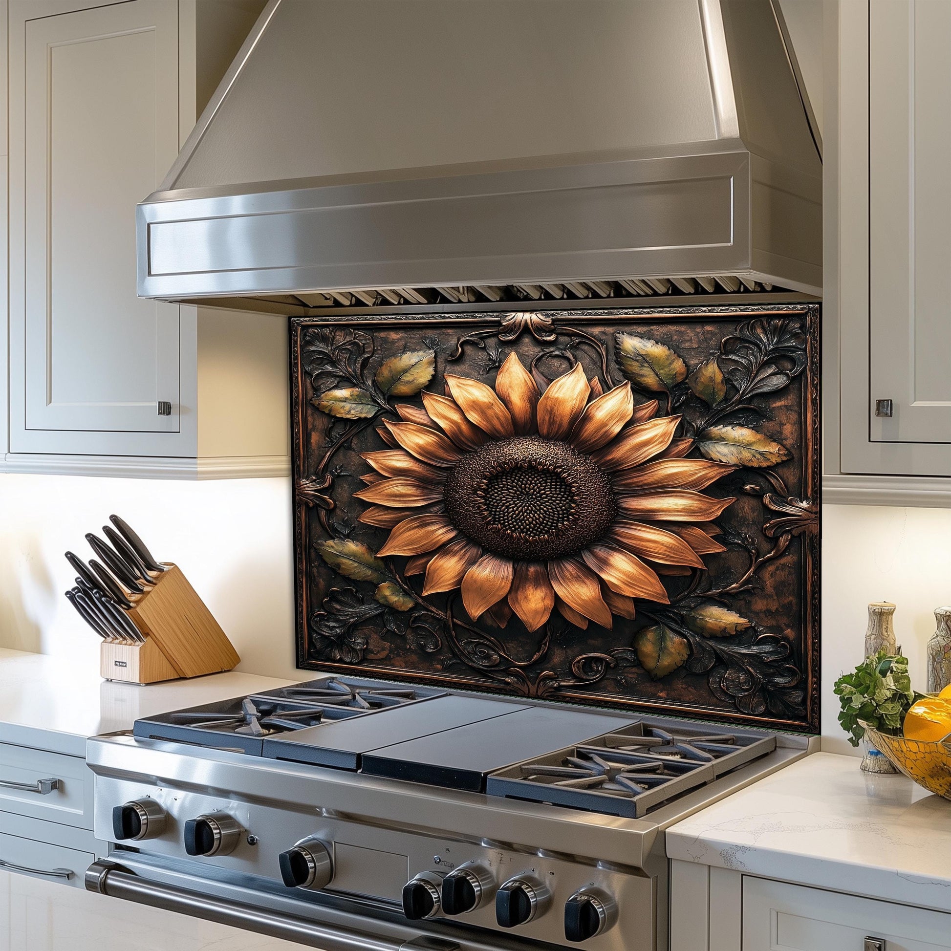 Tempered glass stove backsplash, sunflower design, heat-resistant kitchen wall panel, easy clean backsplash, stylish kitchen decor, stove protector, farmhouse kitchen wall art, artistic floral backsplash