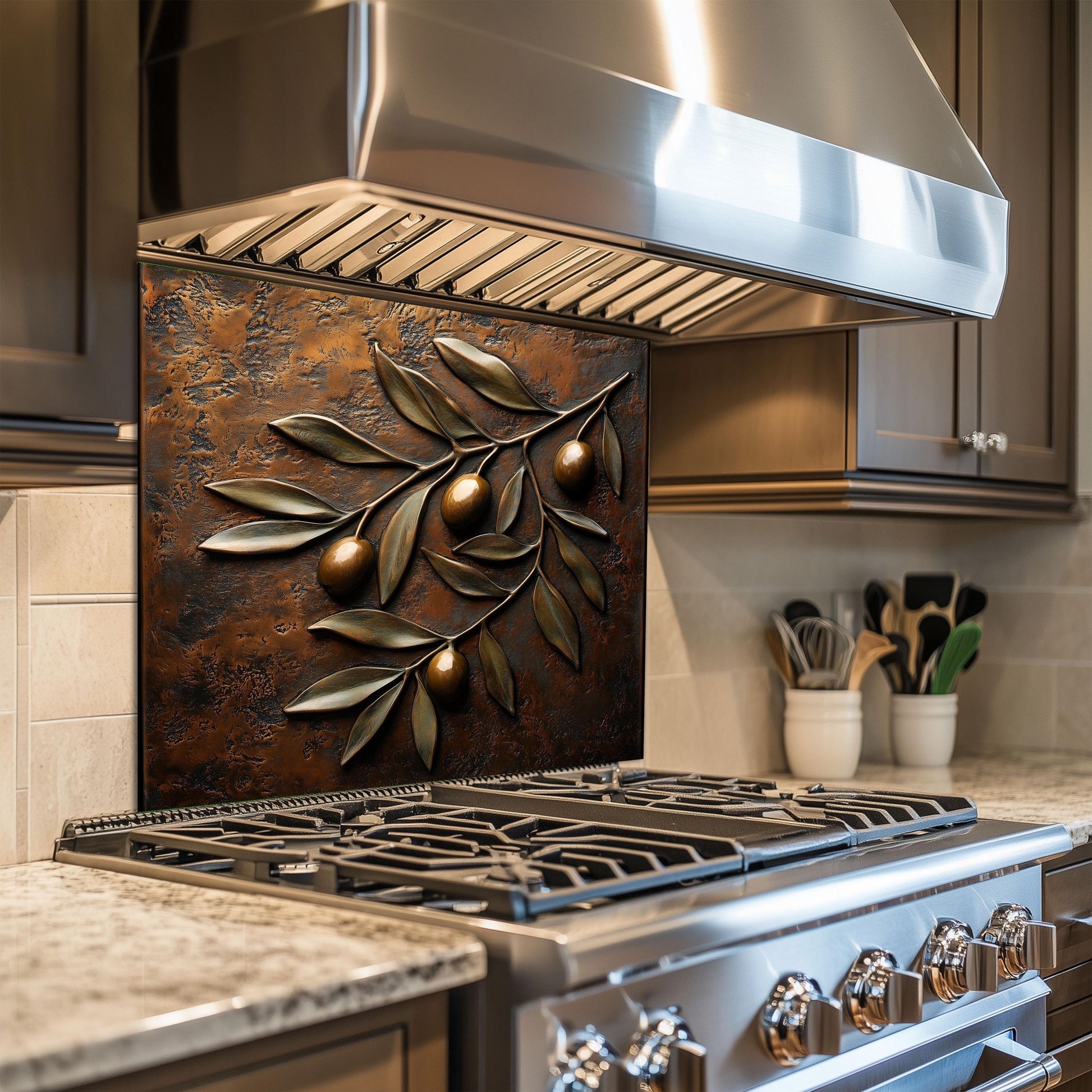 Tempered glass kitchen backsplash with an olive branch design for Mediterranean and farmhouse decor. Heat-resistant, easy-to-clean, and durable, perfect as a wall protector behind your stove, adding natural rustic beauty.