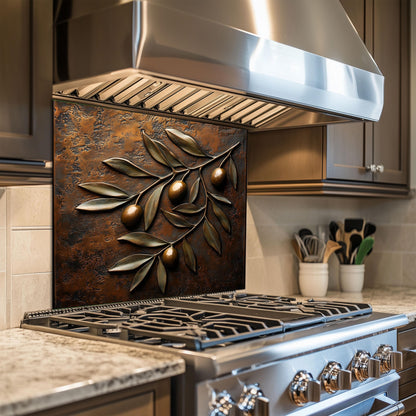 Tempered glass kitchen backsplash with an olive branch design for Mediterranean and farmhouse decor. Heat-resistant, easy-to-clean, and durable, perfect as a wall protector behind your stove, adding natural rustic beauty.