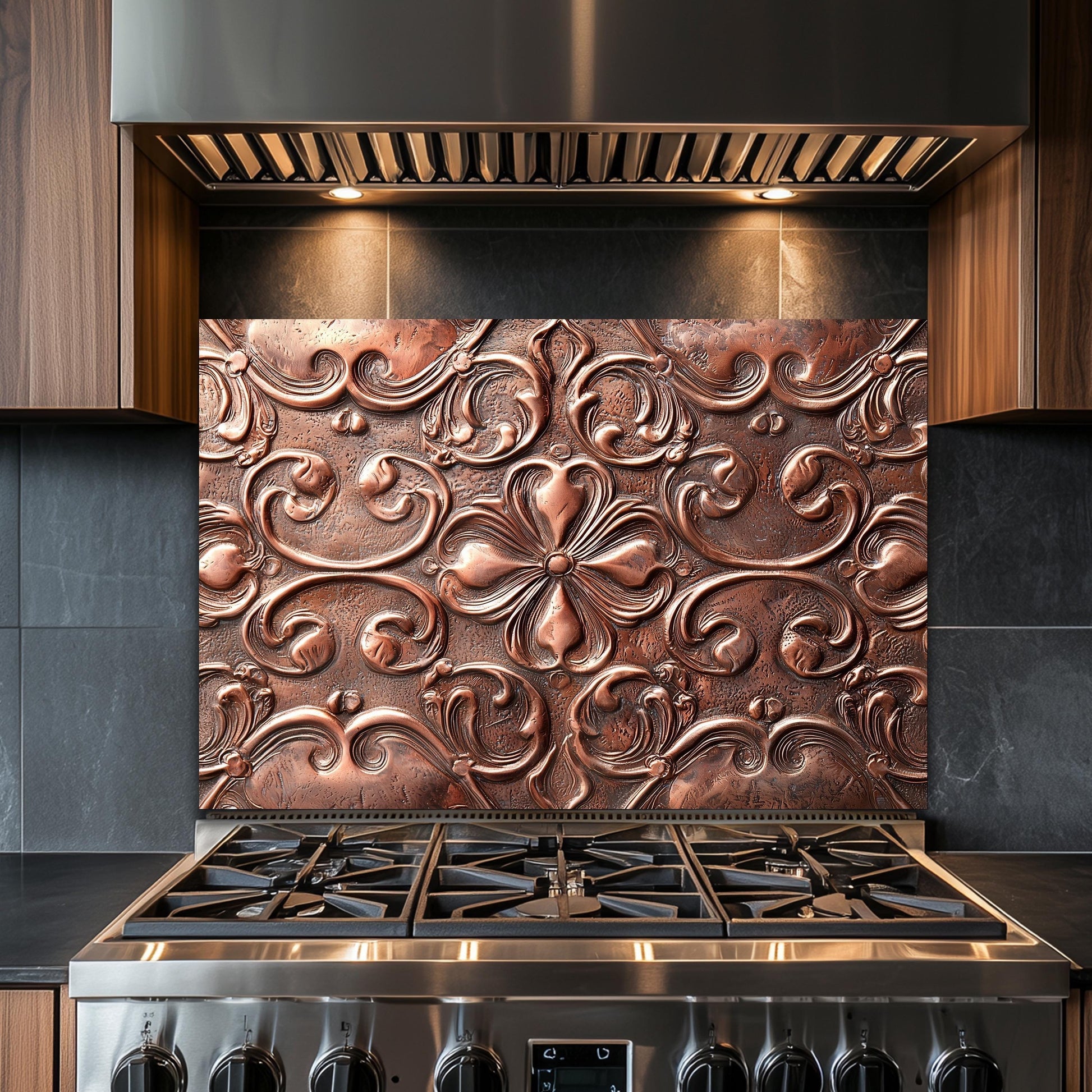 Copper-Effect Tempered Glass Backsplash: Rustic Kitchen Decor