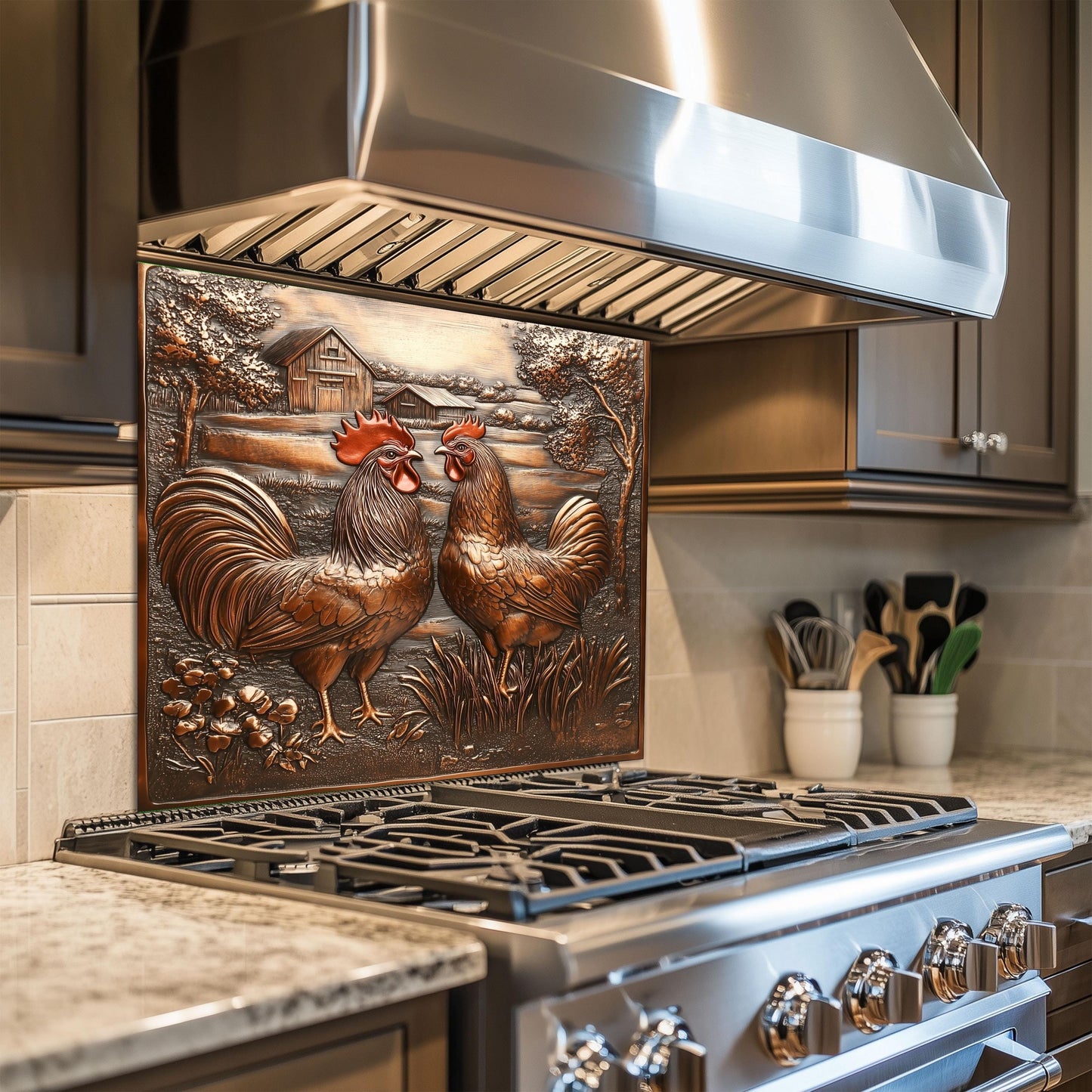 Tempered glass kitchen backsplash, copper rooster design, heat-resistant wall protector, easy clean stove backsplash, rustic farmhouse decor, kitchen wall protector
