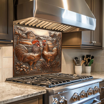 Tempered glass kitchen backsplash, copper rooster design, heat-resistant wall protector, easy clean stove backsplash, rustic farmhouse decor, kitchen wall protector