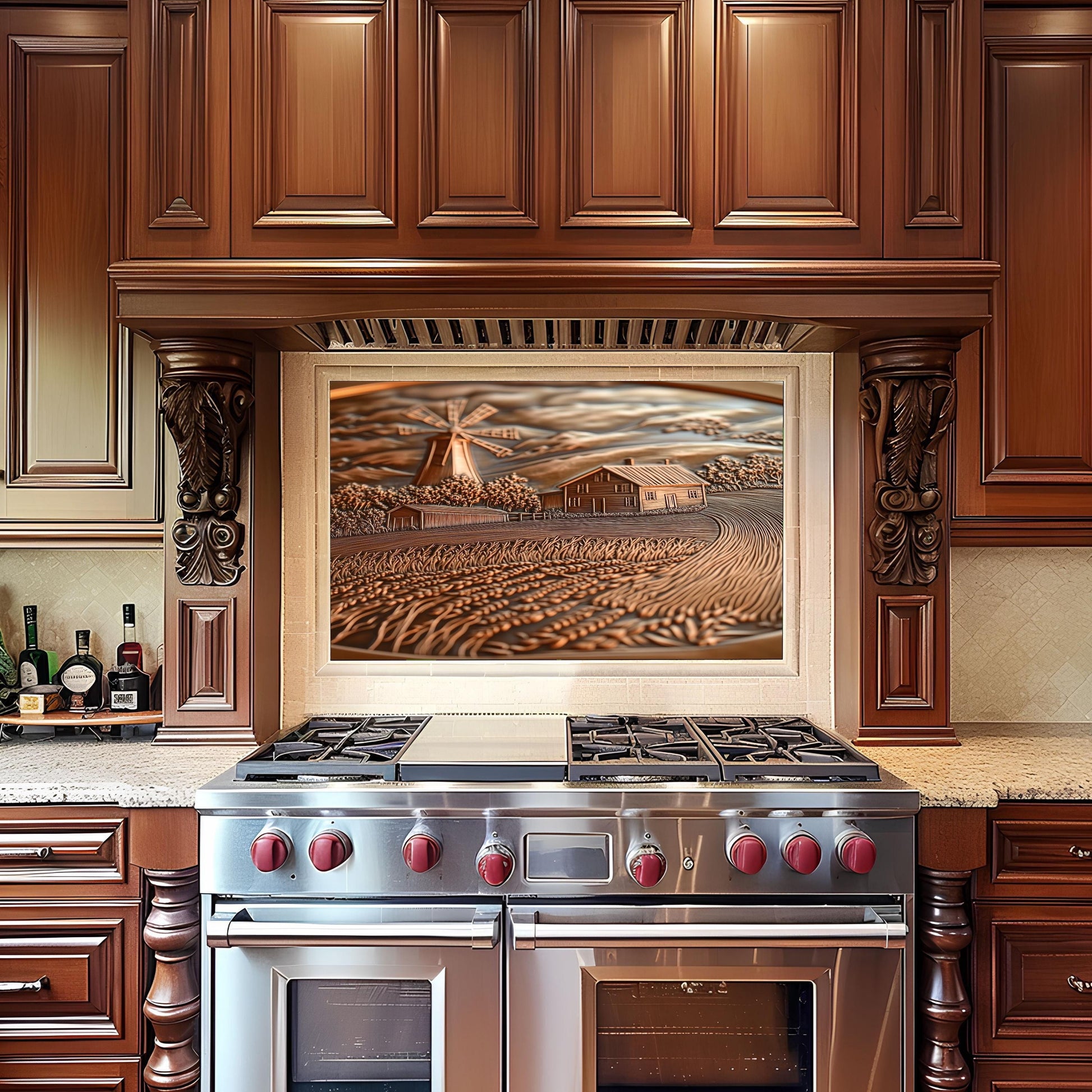 Copper Embossed Kitchen Backsplash: Rustic Farmhouse Windmill Scene