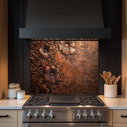 Embossed Floral Copper Glass Backsplash, Rustic Flower Stove Guard, Heat Resistant Kitchen Art