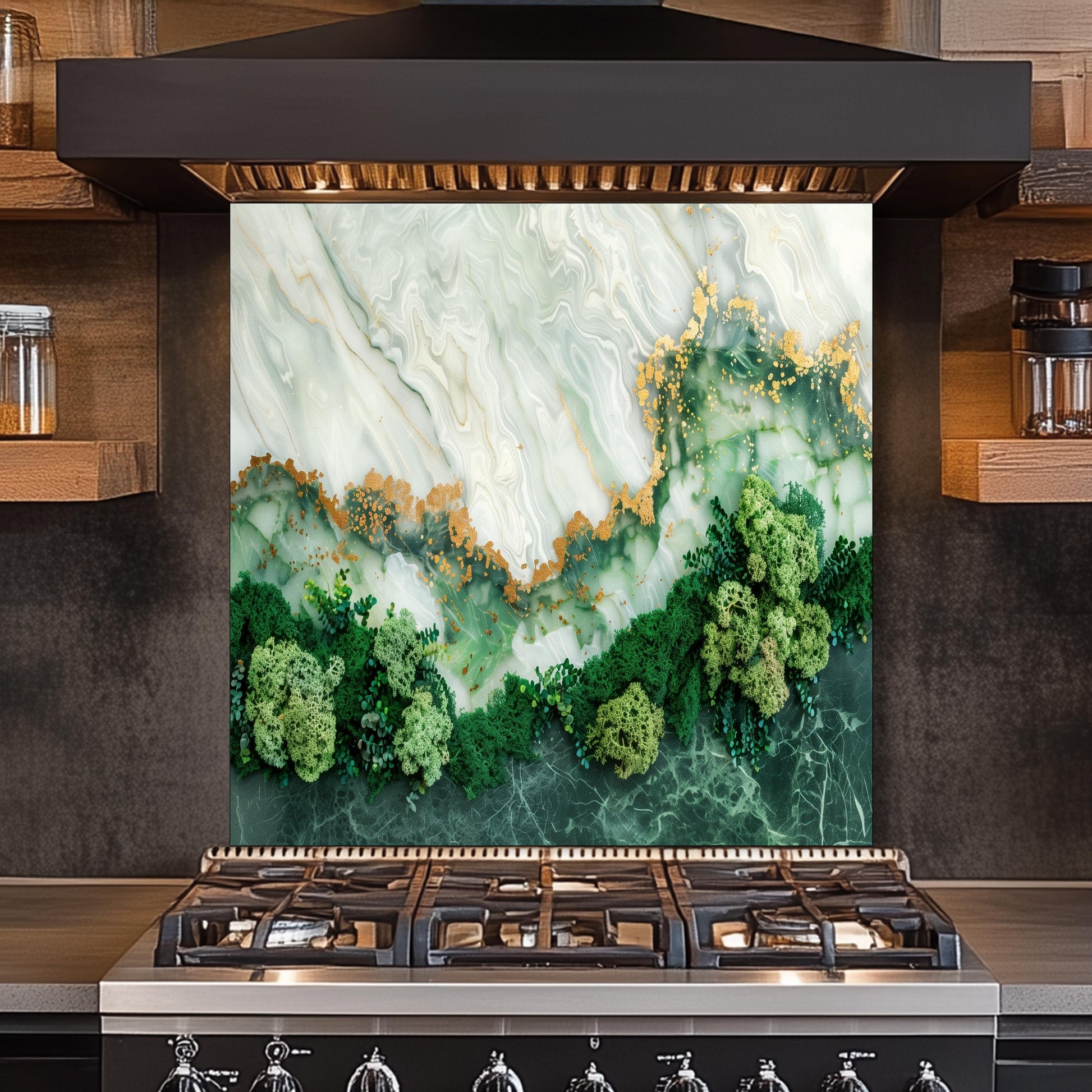 Green Marble Moss Glass Backsplash, Nature Texture Stove Guard, Heat Resistant Easy Clean Art
