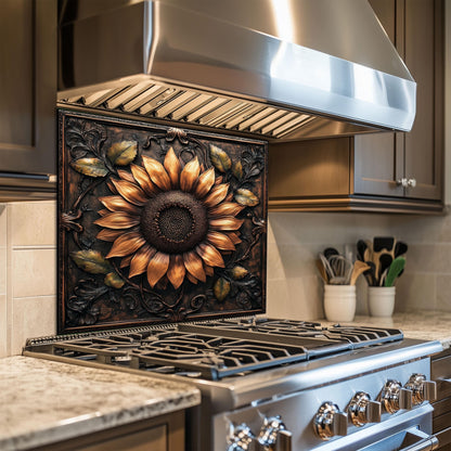 Sunflower backsplash, tempered glass kitchen panel, heat-resistant splashback, easy to clean, stove wall protector, artistic wall art, modern kitchen accent, stylish backsplash, rustic floral decor