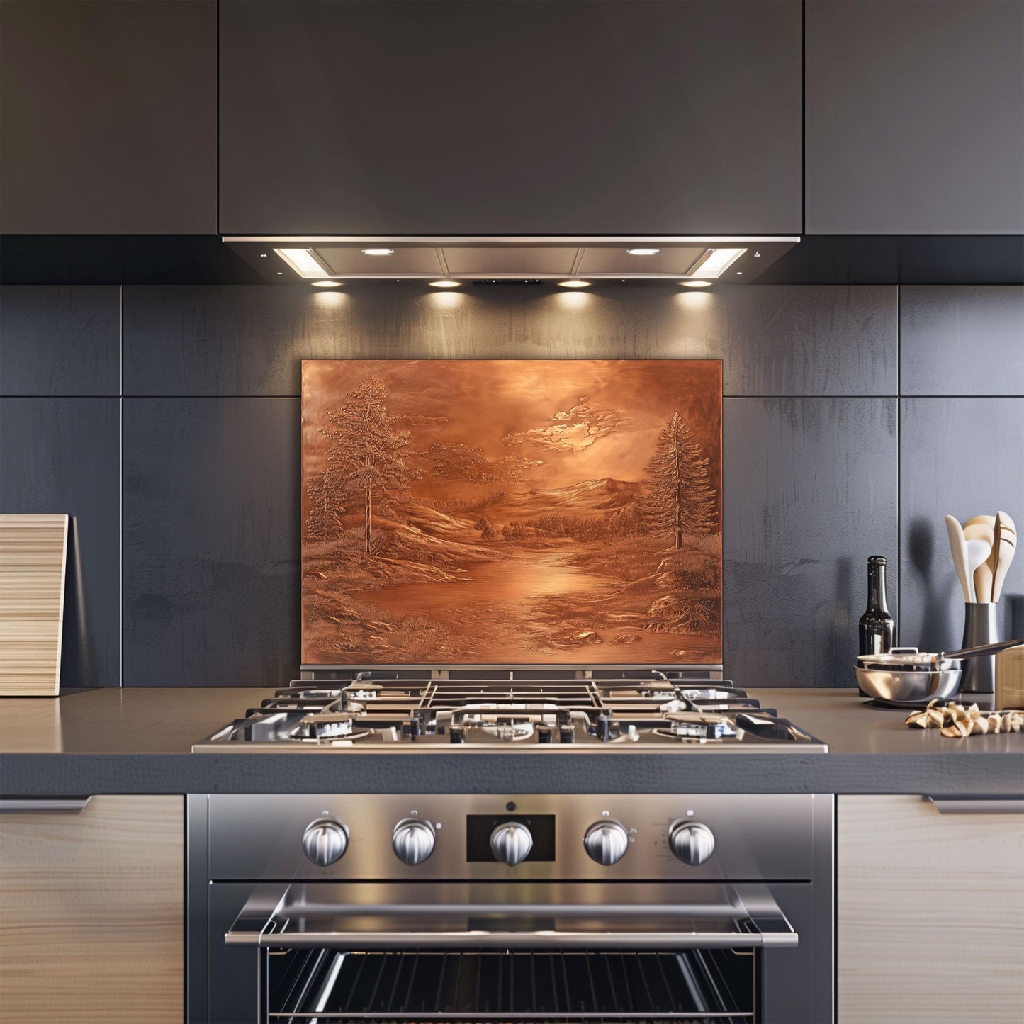Landscape copper backsplash, heat-resistant tempered glass, kitchen wall protector, rustic kitchen decor, easy clean wall protector, stove backsplash protector, kitchen art