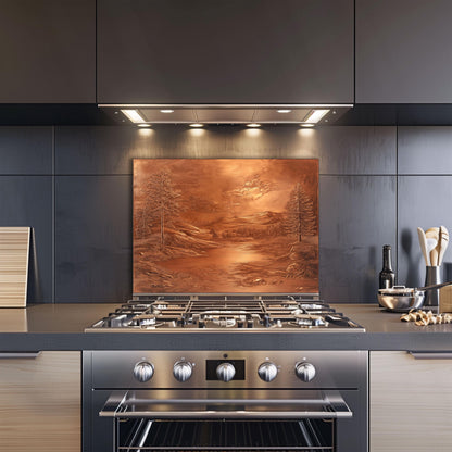 Landscape copper backsplash, heat-resistant tempered glass, kitchen wall protector, rustic kitchen decor, easy clean wall protector, stove backsplash protector, kitchen art