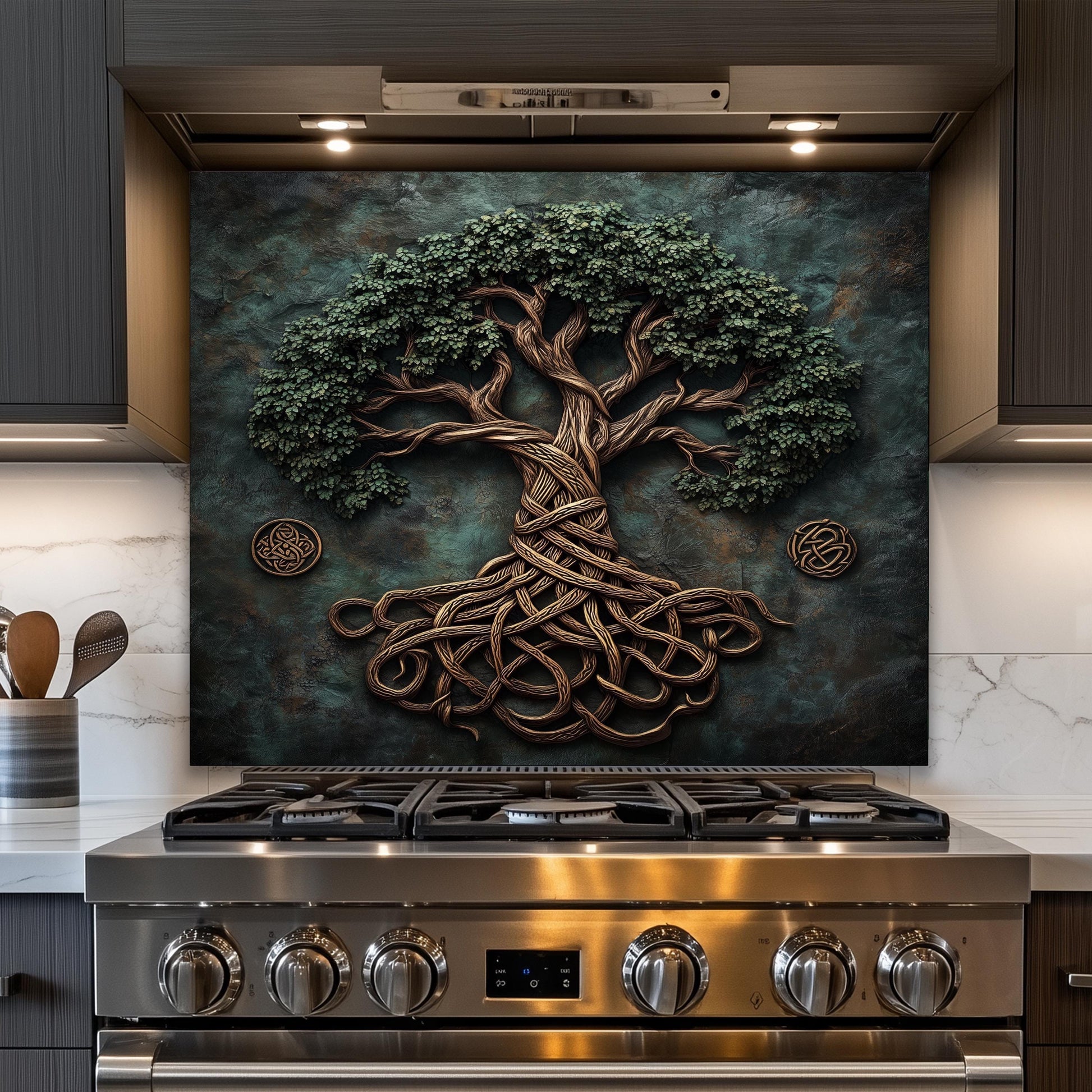 unique glass panel, kitchen glass backsplash, Celtic glass art