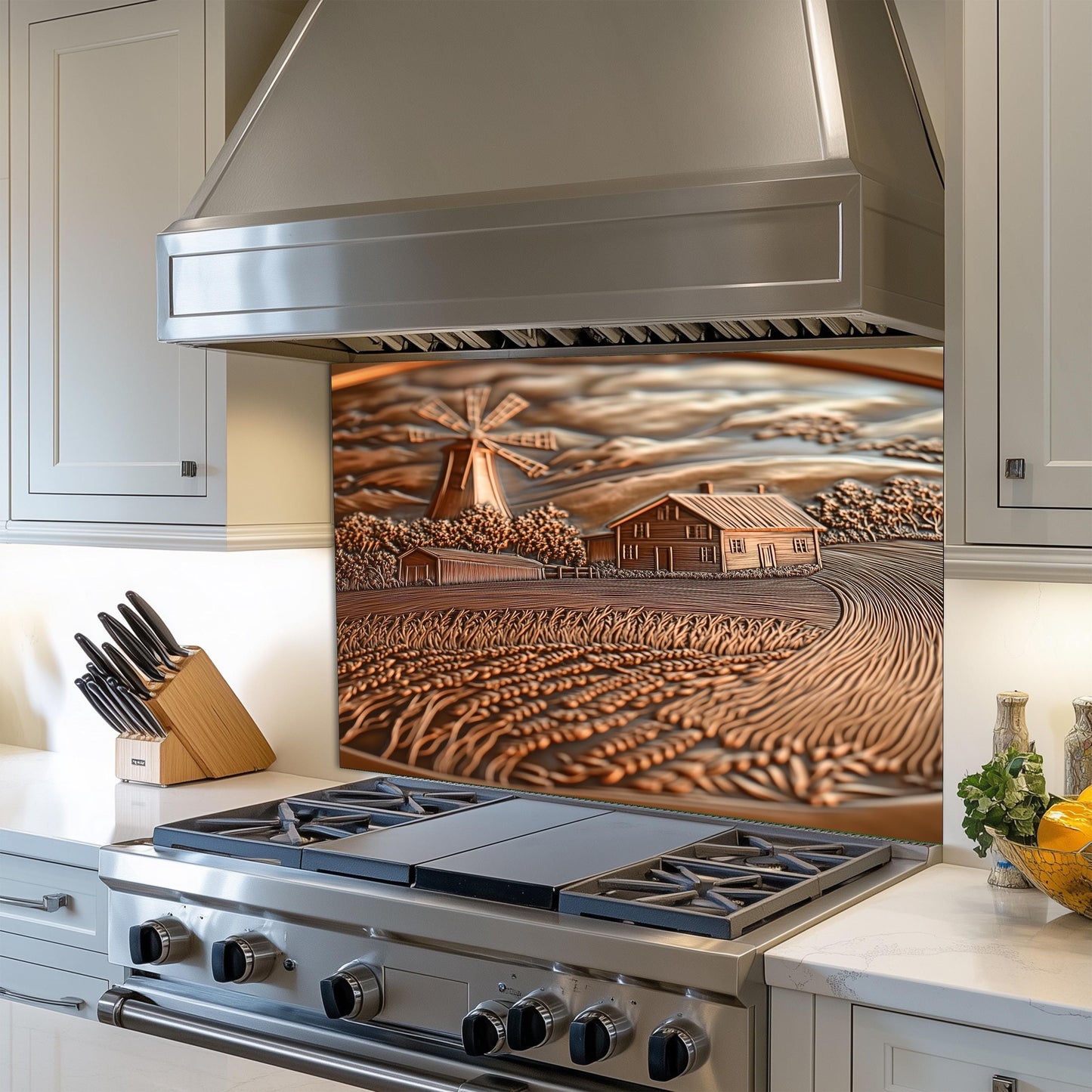 Copper Embossed Kitchen Backsplash: Rustic Farmhouse Windmill Scene