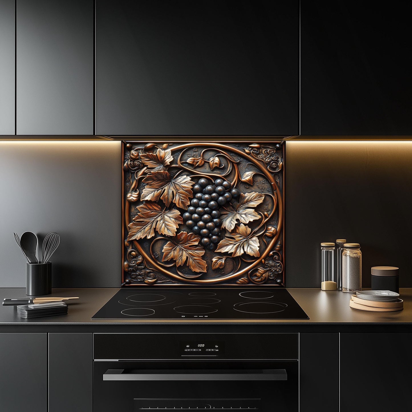 Glass backsplash with grapes, vineyard wall protector, rustic tempered glass backsplash, easy clean wall decor, heat-resistant glass kitchen protector, grape decor kitchen art, vineyard-inspired kitchen backsplash
