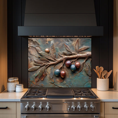 Olive Branch Tempered Glass Backsplash: Rustic Tuscan Kitchen Decor