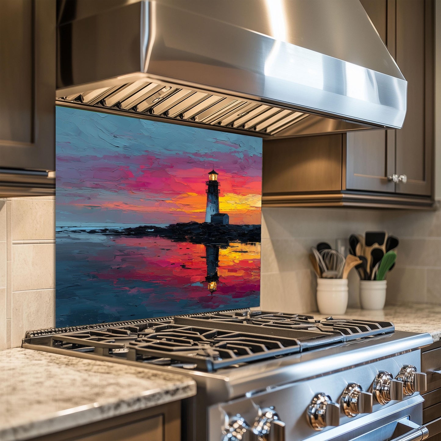 Sunset Lighthouse Kitchen Backsplash, Coastal Ocean Tempered Glass Art, Custom Size Design
