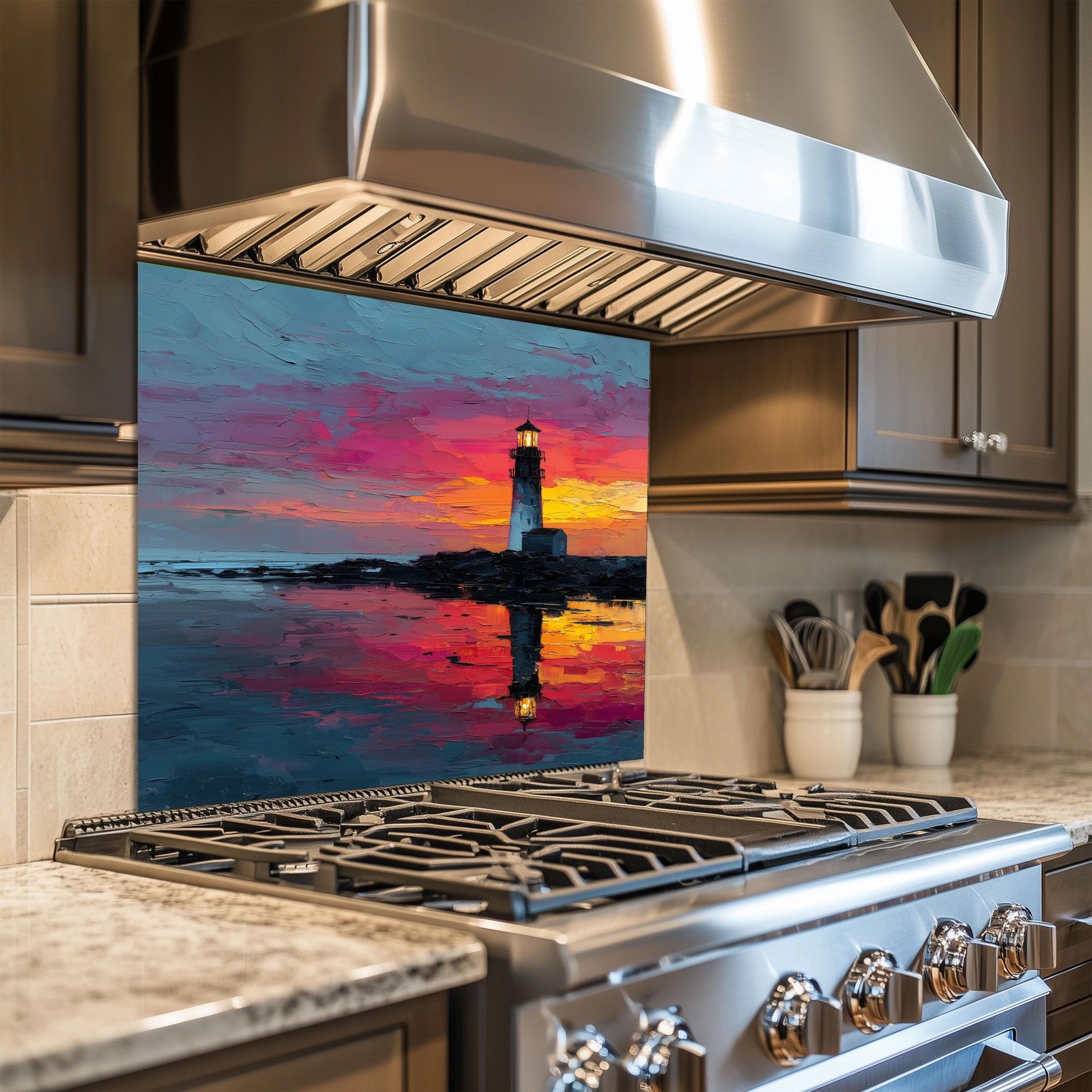 Sunset Lighthouse Kitchen Backsplash, Coastal Ocean Tempered Glass Art, Custom Size Design