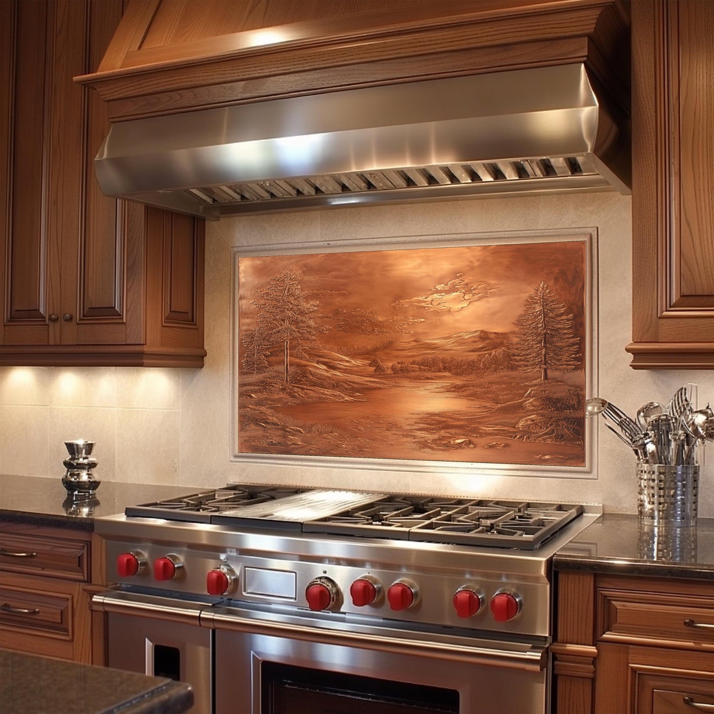 Copper landscape backsplash, heat-resistant tempered glass, kitchen wall protector, rustic kitchen decor, easy clean backsplash, nature-inspired kitchen art, stove protector