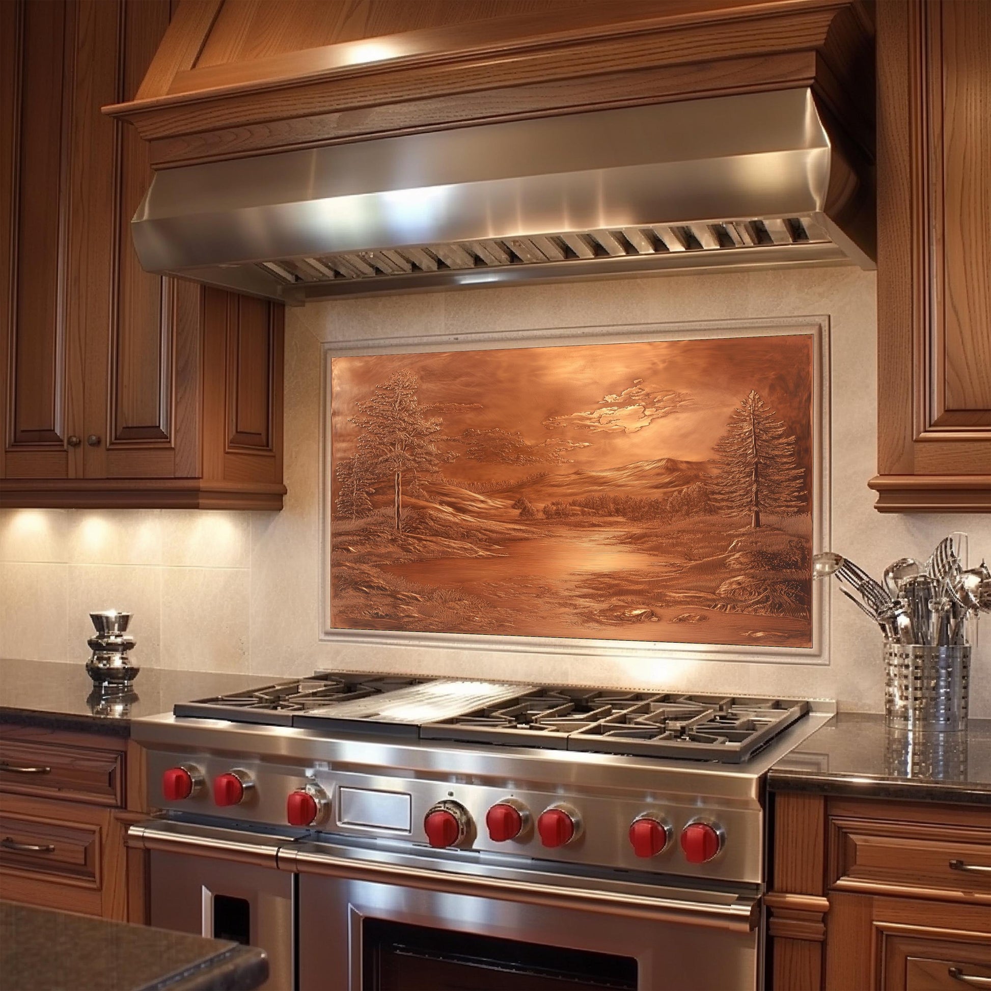 Copper landscape backsplash, heat-resistant tempered glass, kitchen wall protector, rustic kitchen decor, easy clean backsplash, nature-inspired kitchen art, stove protector