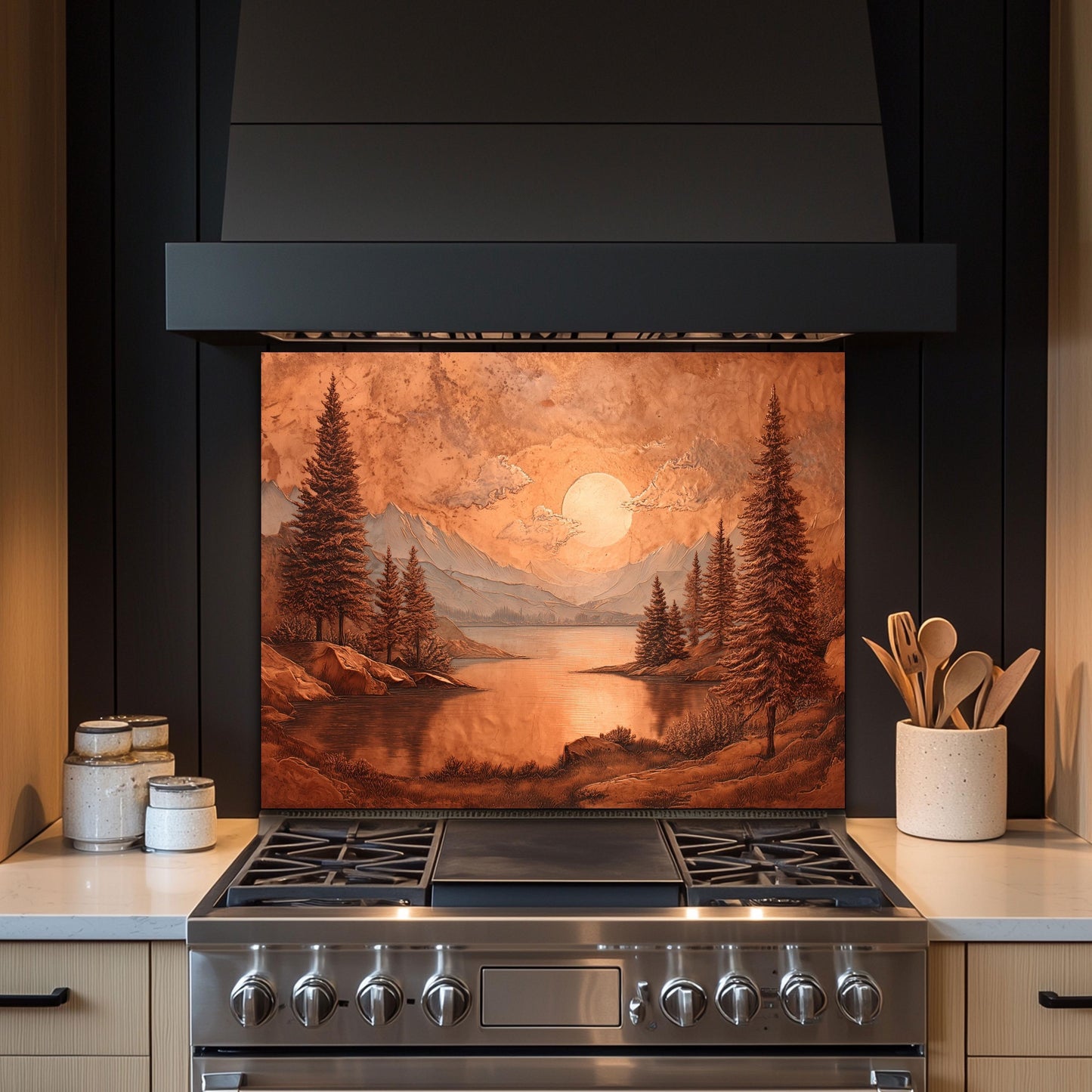 Tempered Glass Mountain & Deer Backsplash: Rustic Copper Kitchen Decor