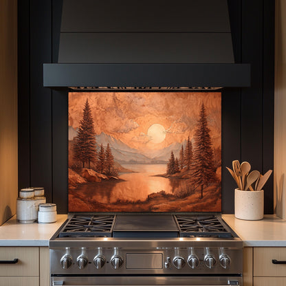 Tempered Glass Mountain & Deer Backsplash: Rustic Copper Kitchen Decor