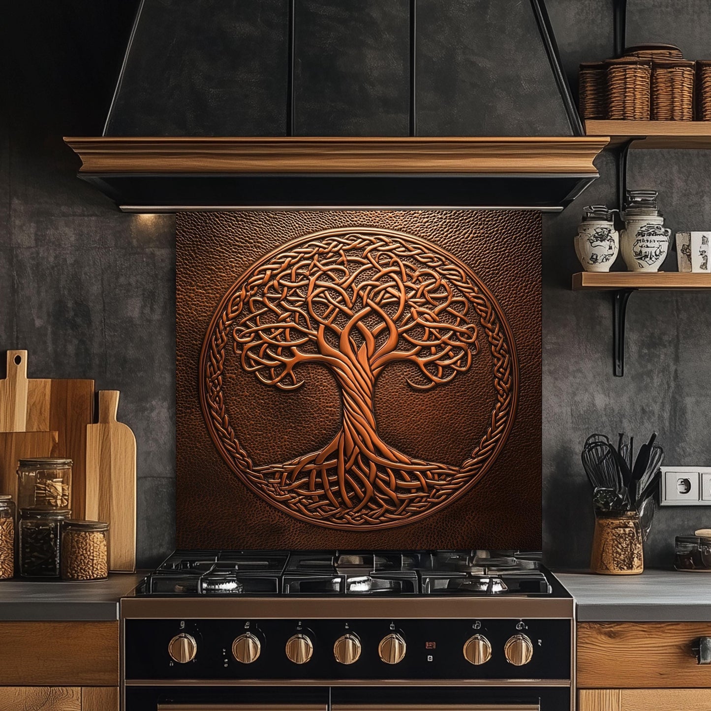 Tempered glass kitchen backsplash, Celtic tree of life design, heat-resistant splashback, easy to clean, stove wall protector, artistic kitchen decor, modern backsplash, unique wall art, rustic kitchen decor