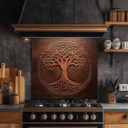 Tempered glass kitchen backsplash, Celtic tree of life design, heat-resistant splashback, easy to clean, stove wall protector, artistic kitchen decor, modern backsplash, unique wall art, rustic kitchen decor