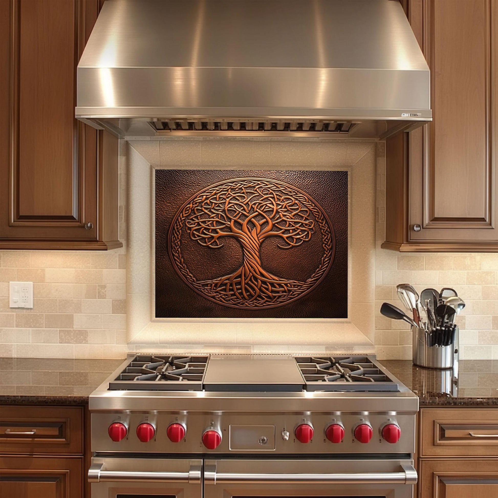 Tree of life tempered glass backsplash, Celtic design, heat-resistant kitchen wall panel, easy clean, stylish kitchen wall protector, artistic backsplash, stove protector, modern kitchen decor