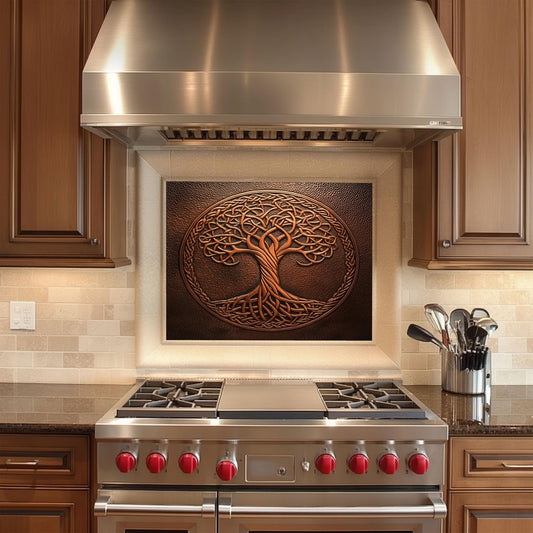 Tree of life tempered glass backsplash, Celtic design, heat-resistant kitchen wall panel, easy clean, stylish kitchen wall protector, artistic backsplash, stove protector, modern kitchen decor