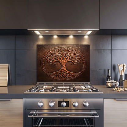 Tempered glass backsplash, Celtic tree of life design, heat-resistant wall panel, easy clean kitchen protector, artistic backsplash, stove protector, stylish wall art, modern kitchen decor
