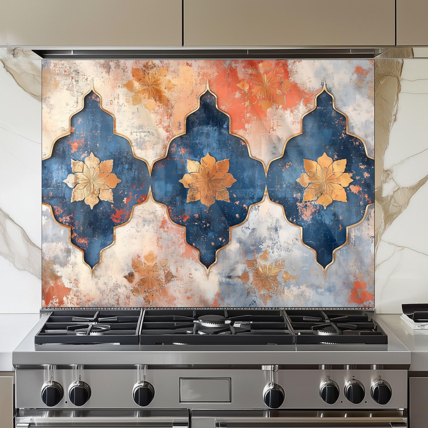 Moroccan Style Glass Backsplash, Blue Geometric Stove Guard, Heat Resistant Easy Clean Kitchen Art