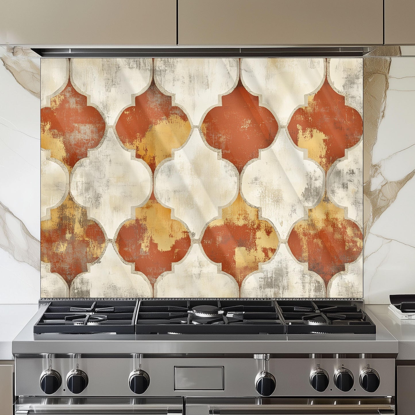 Moroccan Style Glass Backsplash, Blue Geometric Stove Guard, Heat Resistant Easy Clean Kitchen Art
