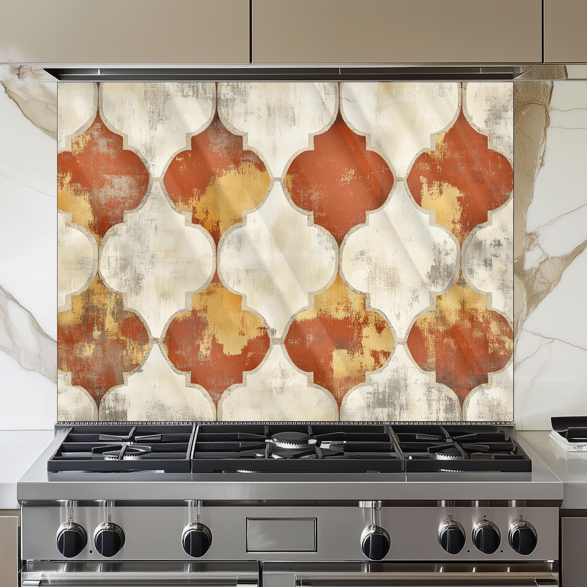 Moroccan Style Glass Backsplash, Blue Geometric Stove Guard, Heat Resistant Easy Clean Kitchen Art