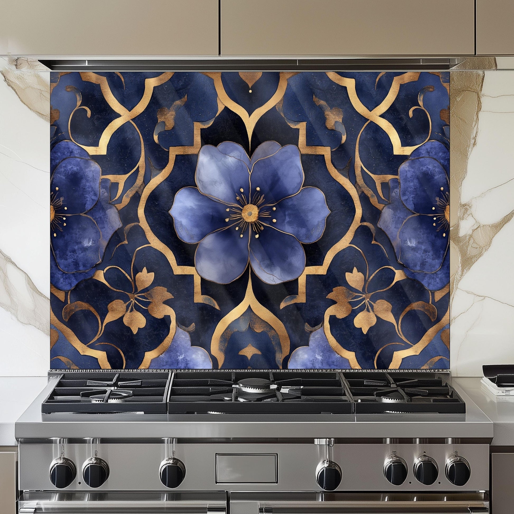 Moroccan Style Glass Backsplash, Blue Floral Stove Guard, Heat Resistant Easy Clean Kitchen Art