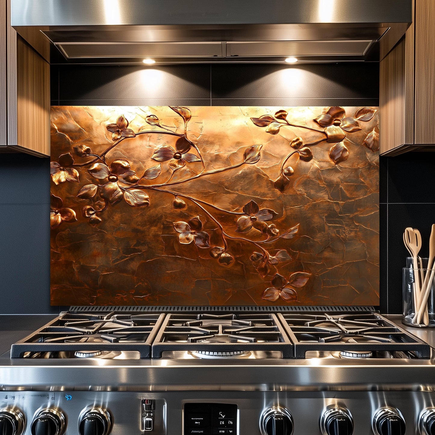 Embossed Flower Tempered Glass Kitchen Backsplash: Copper Heron Design