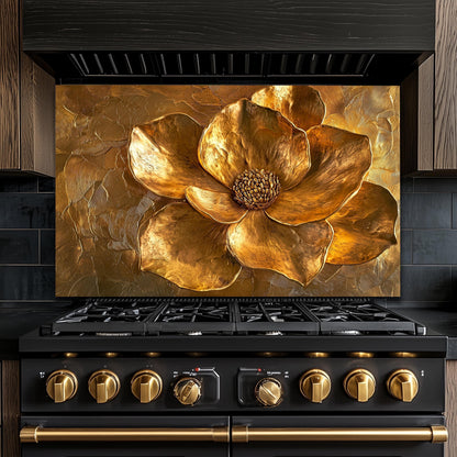 Golden Flower Tempered Glass Stove Backsplash: Rustic Kitchen Decor