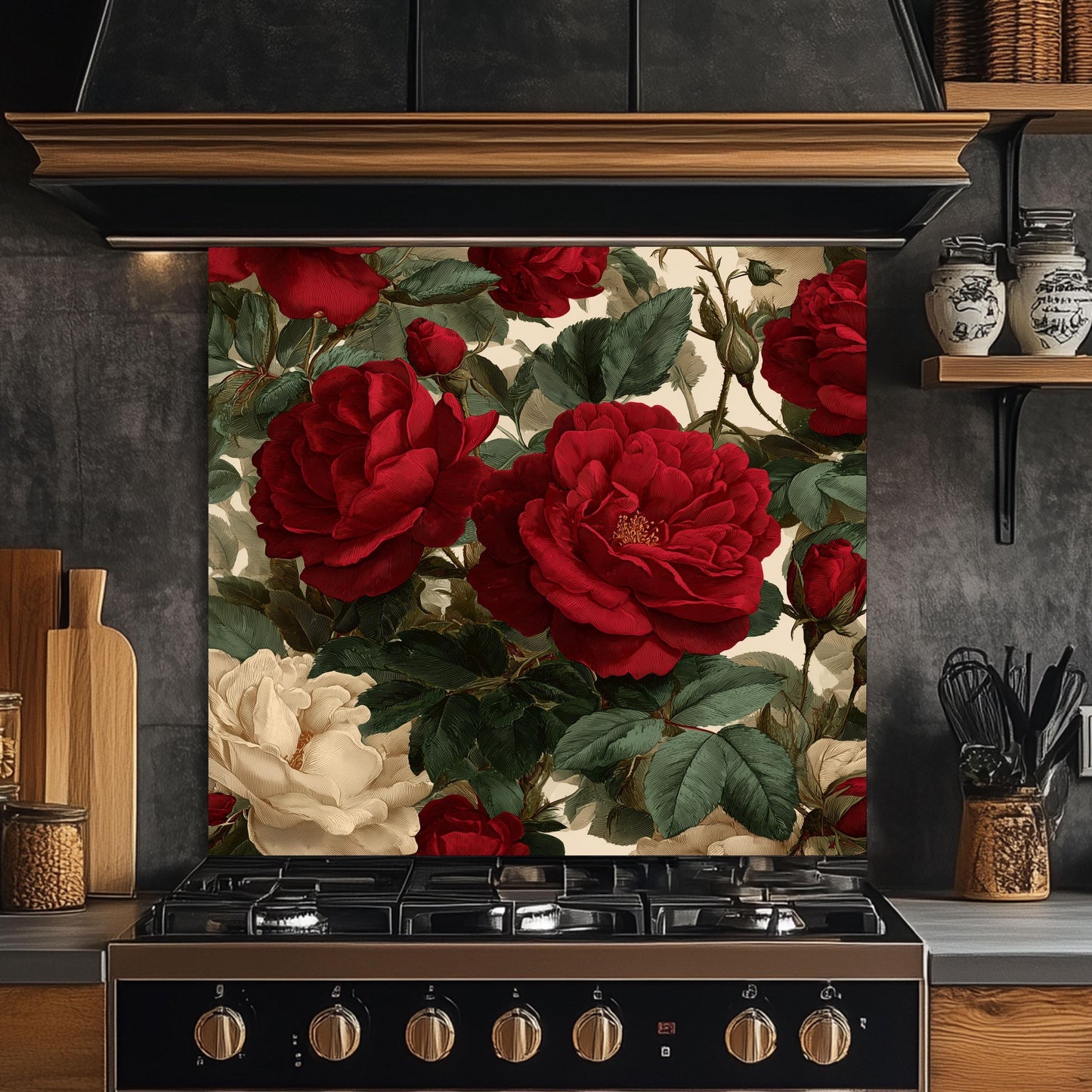 Bold Red Rose Tempered Glass Backsplash - Vintage Botanical Floral Kitchen Splashback