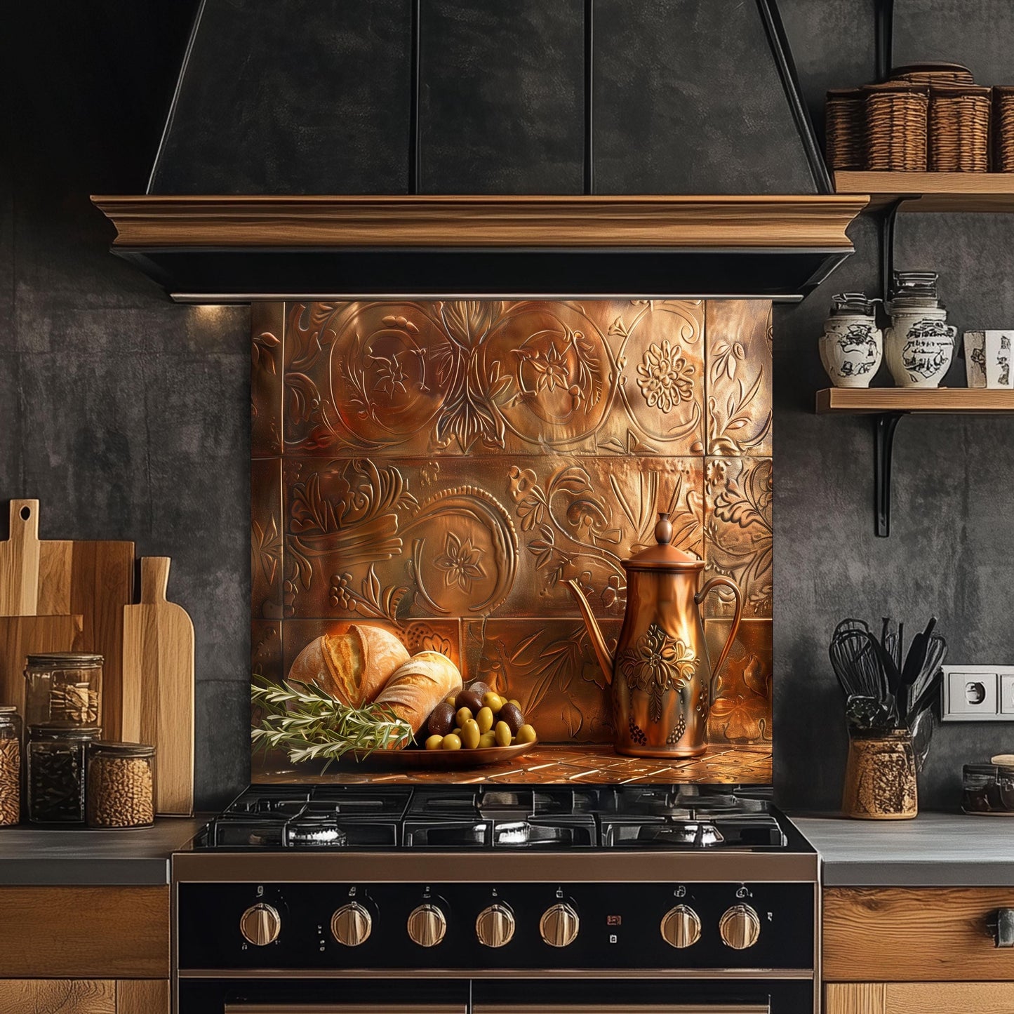Tempered glass backsplash, rustic Mediterranean design, heat-resistant kitchen backsplash, easy clean kitchen wall protector, copper effect backsplash, farmhouse kitchen decor, stove backsplash protector