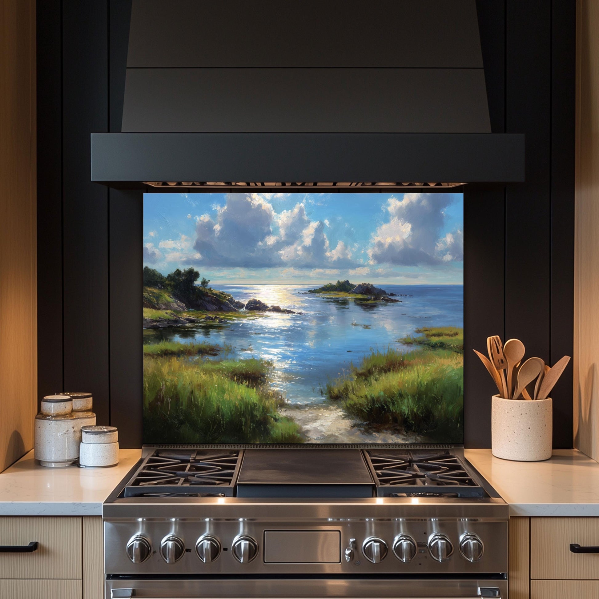 Tempered Glass Kitchen Backsplash: Mountain Sunrise Copper Effect
