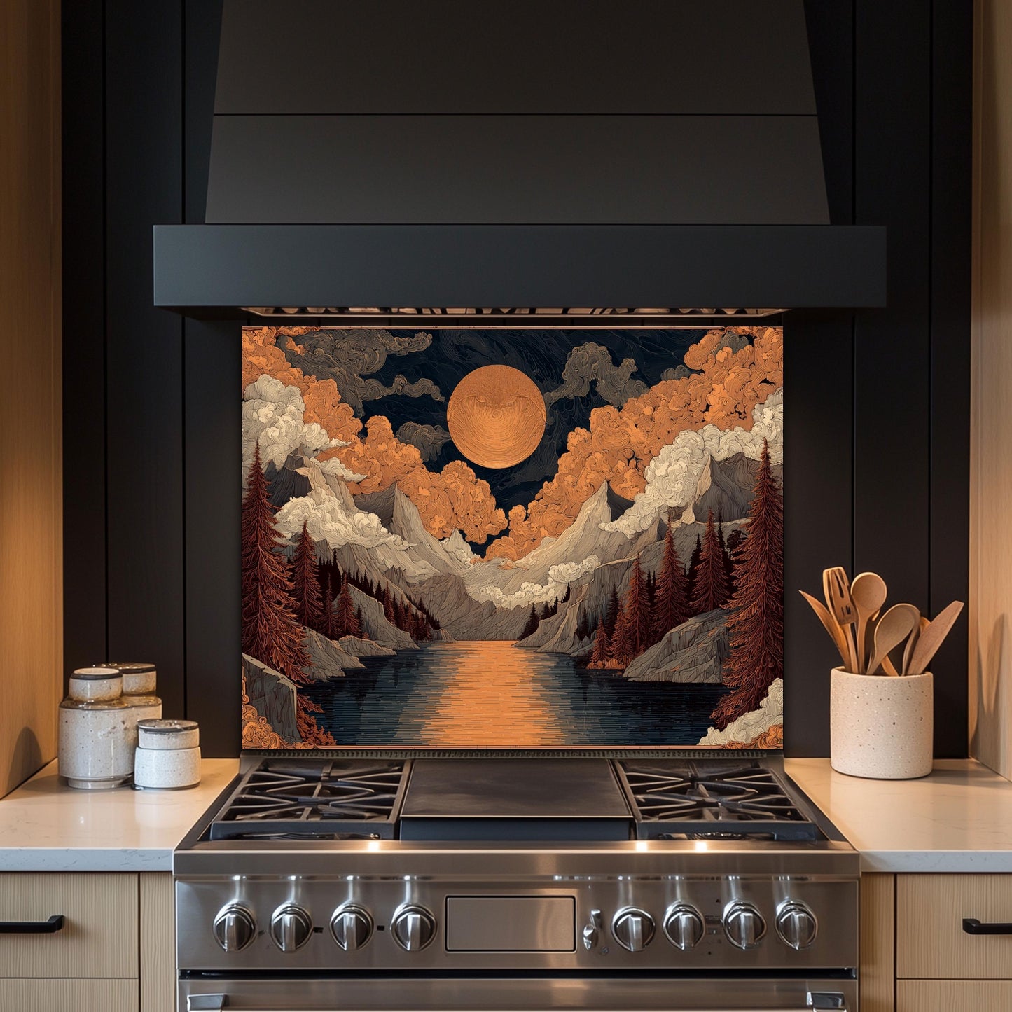 William Morris Style Glass Backsplash: Mountain Sunrise Kitchen Wall Art
