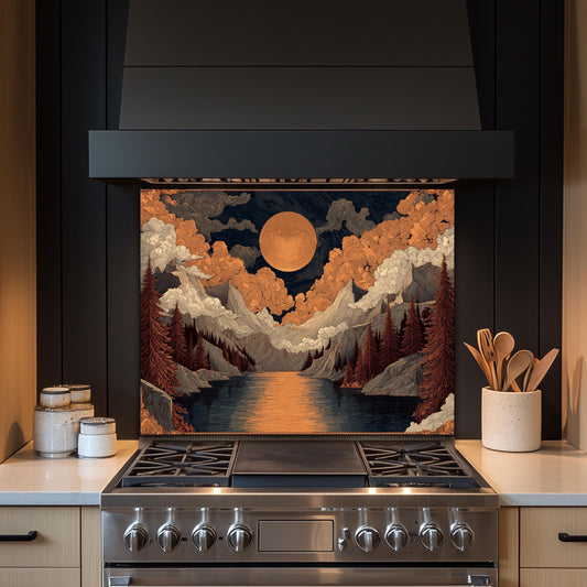 William Morris Style Glass Backsplash: Mountain Sunrise Kitchen Wall Art