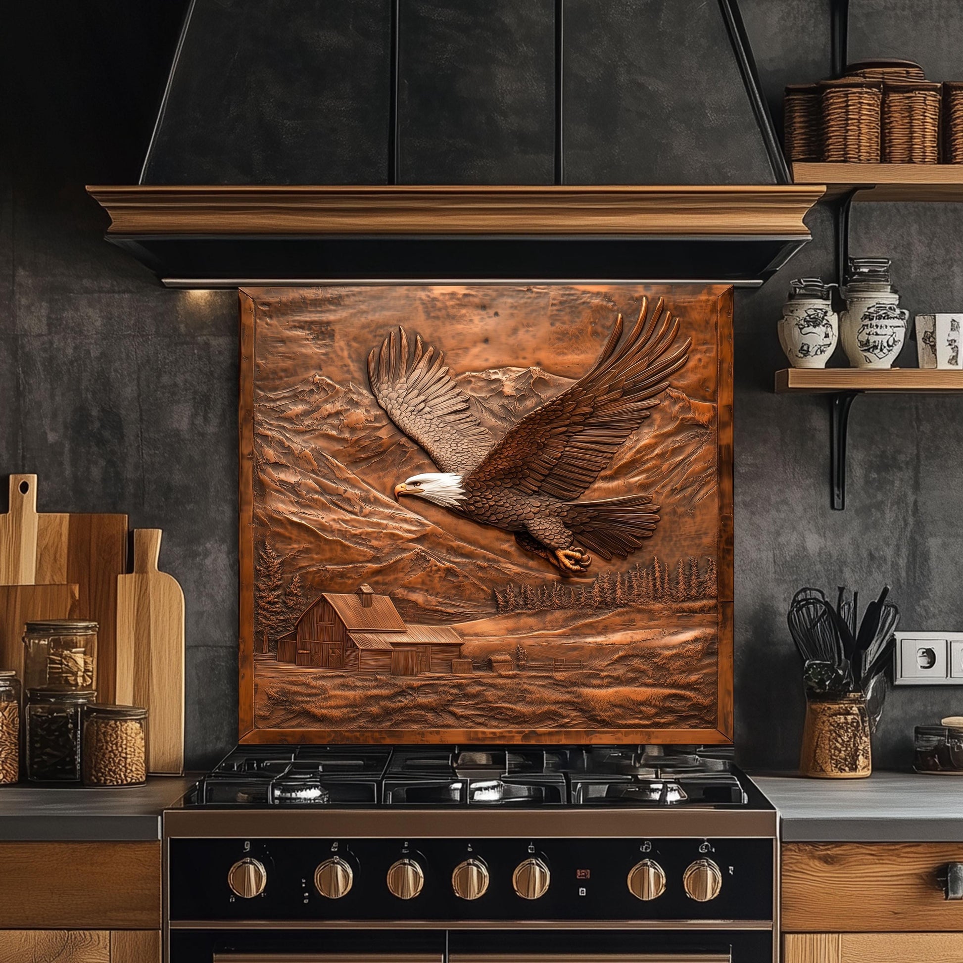 Tempered glass kitchen backsplash, soaring eagle design, copper-effect wall protector, heat-resistant backsplash, rustic farmhouse decor, mountain and barn kitchen art, easy clean kitchen wall protector