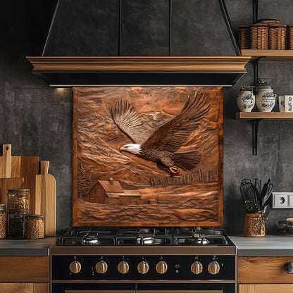 Tempered glass kitchen backsplash, soaring eagle design, copper-effect wall protector, heat-resistant backsplash, rustic farmhouse decor, mountain and barn kitchen art, easy clean kitchen wall protector