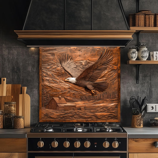 Tempered glass kitchen backsplash, soaring eagle design, copper-effect wall protector, heat-resistant backsplash, rustic farmhouse decor, mountain and barn kitchen art, easy clean kitchen wall protector