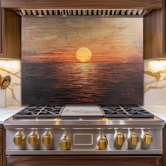 Sunset Ocean Glass Backsplash, Coastal Sea Landscape Stove Guard, Heat Resistant Easy Clean Art