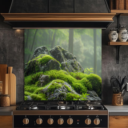 Moss Covered Rock Forest Tempered Glass Backsplash - Nature Inspired Green Kitchen Splashback