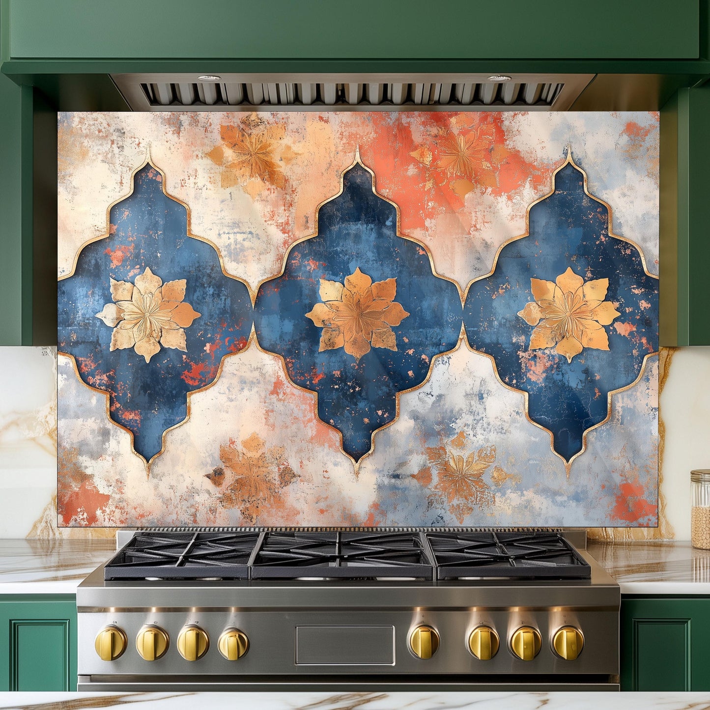 Moroccan Style Glass Backsplash, Blue Geometric Stove Guard, Heat Resistant Easy Clean Kitchen Art
