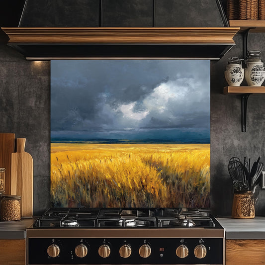 Wheat Field Glass Backsplash, Rustic Farmhouse Stove Guard, Heat Resistant Easy Clean Kitchen Art