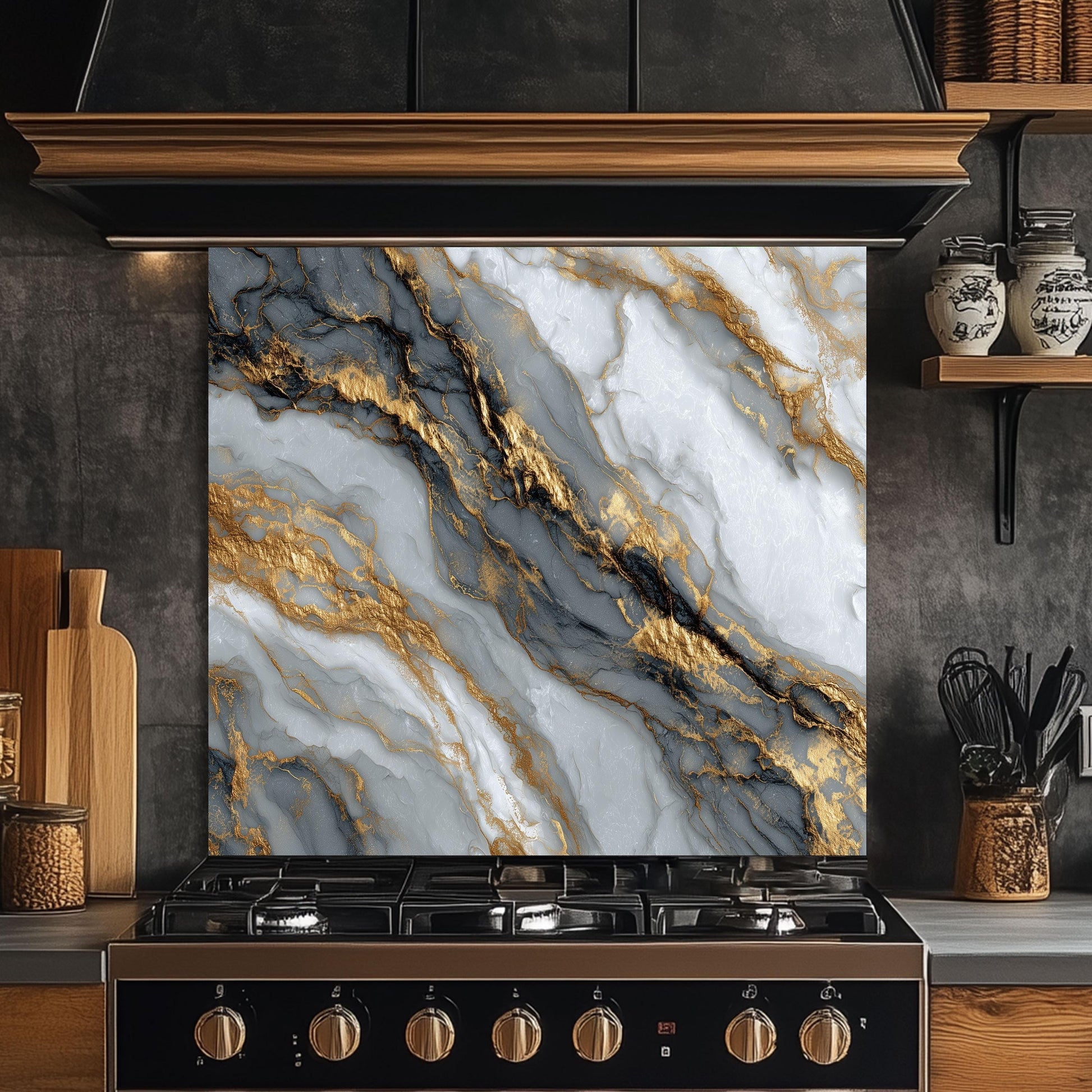 Black Gold Marble Glass Backsplash, Luxury Stone Stove Guard, Heat Resistant Easy Clean Art