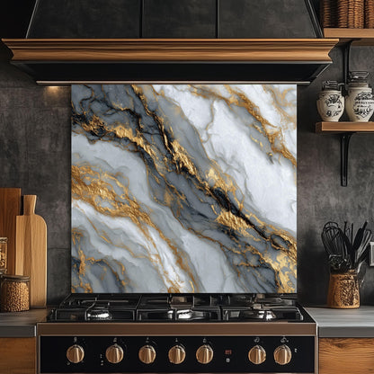 Black Gold Marble Glass Backsplash, Luxury Stone Stove Guard, Heat Resistant Easy Clean Art