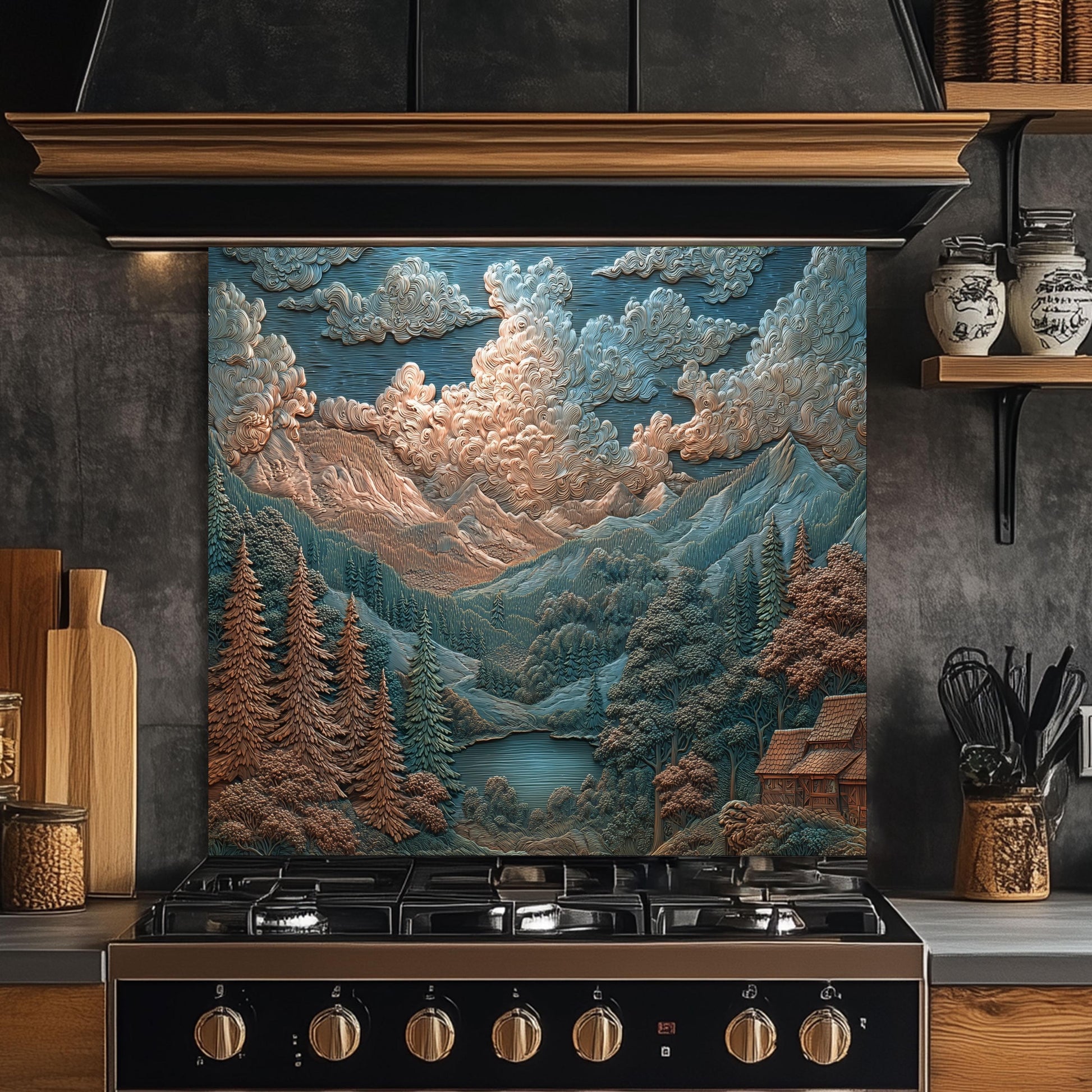 Mountain Landscape Glass Backsplash: Rustic Cabin & Boho Kitchen Decor